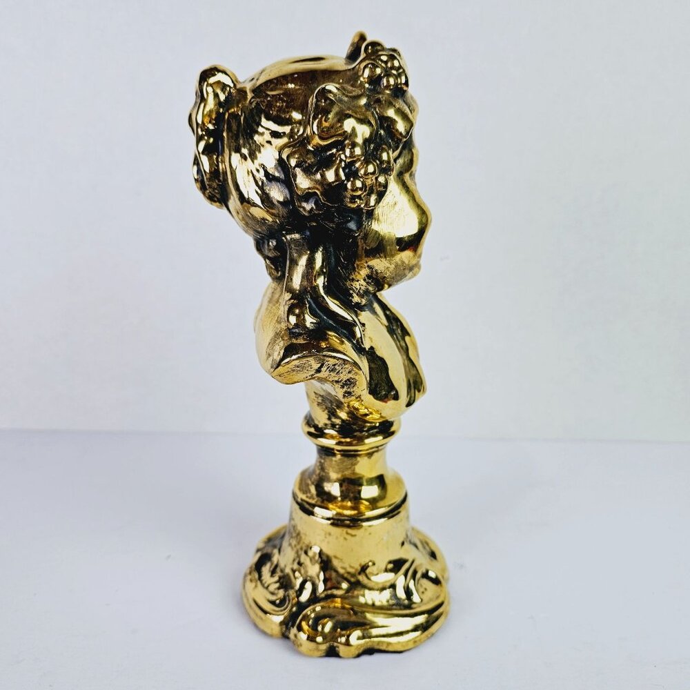 Vtg Shiney Gold Painted Cherub Baby Face Blue Felt Bottom Mini Bust Statue, 10" - Picture 4 of 8